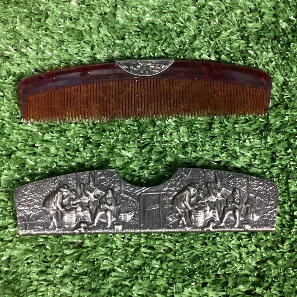 Antique Denmark Silverplate Compact Comb w/ Shell Case